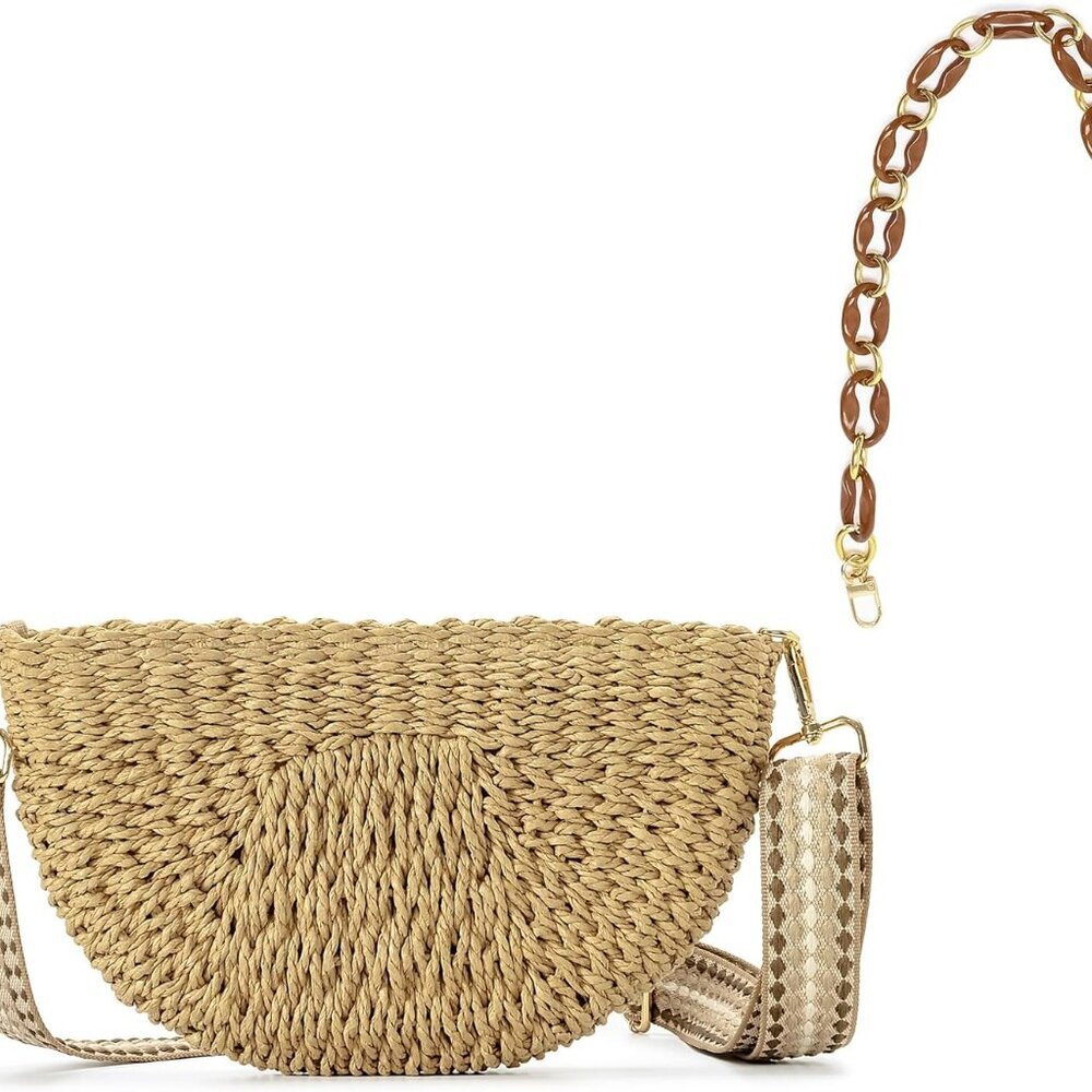Semicircle Handmade Straw Crossbody Bag for Women, Summer Chic Woven Handbag Sho